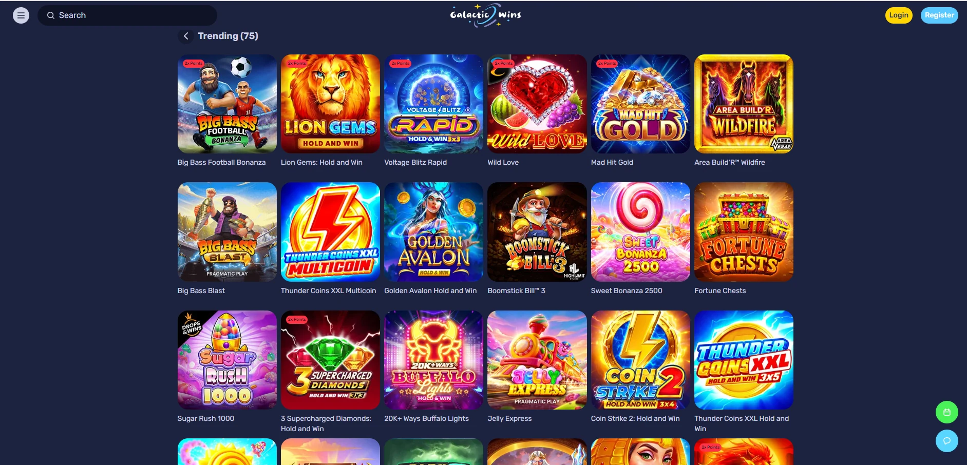 The Galactic Wins pokies lobby on a desktop screen